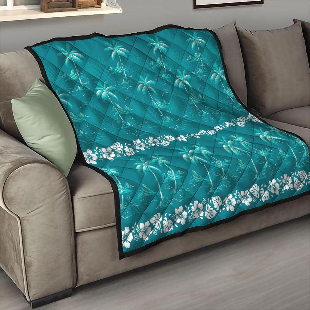 Cyan Hawaii Palm Tree Hibiscus Quilt Fantasy Summer Vibe LT01 - Polynesian Pride