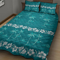 Cyan Hawaii Palm Tree Hibiscus Quilt Bed Set Fantasy Summer Vibe