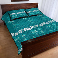 Cyan Hawaii Palm Tree Hibiscus Quilt Bed Set Fantasy Summer Vibe