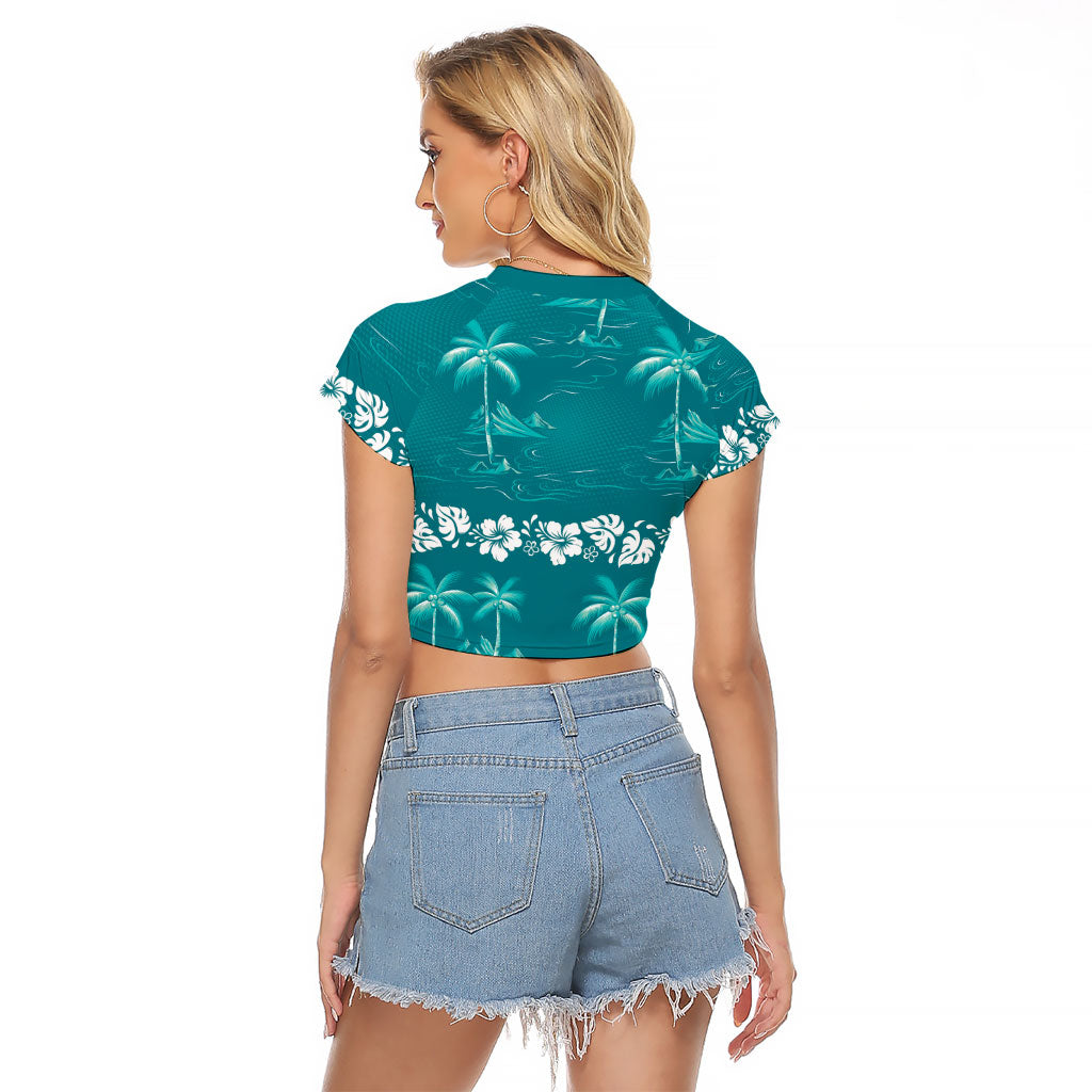 Cyan Hawaii Palm Tree Hibiscus Raglan Cropped T Shirt Fantasy Summer Vibe LT01 - Polynesian Pride