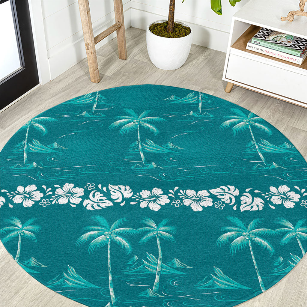 Cyan Hawaii Palm Tree Hibiscus Round Carpet Fantasy Summer Vibe