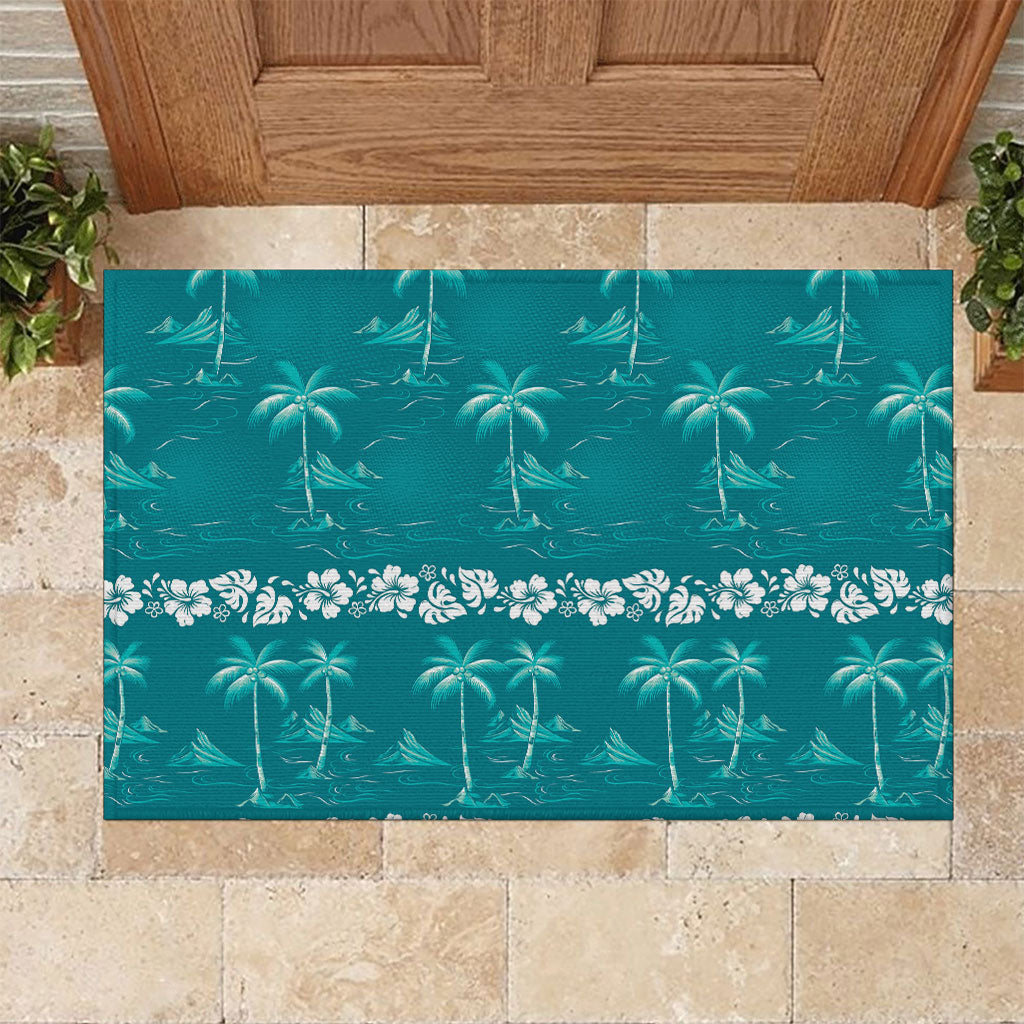 Cyan Hawaii Palm Tree Hibiscus Rubber Doormat Fantasy Summer Vibe