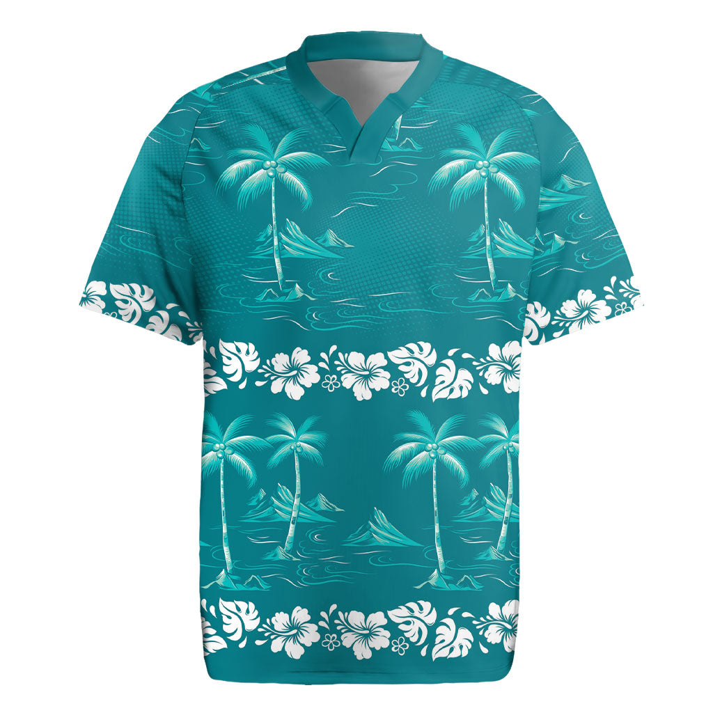 Cyan Hawaii Palm Tree Hibiscus Rugby Jersey Fantasy Summer Vibe