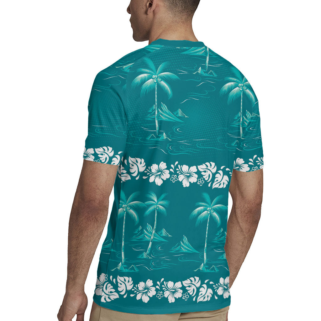 Cyan Hawaii Palm Tree Hibiscus Rugby Jersey Fantasy Summer Vibe