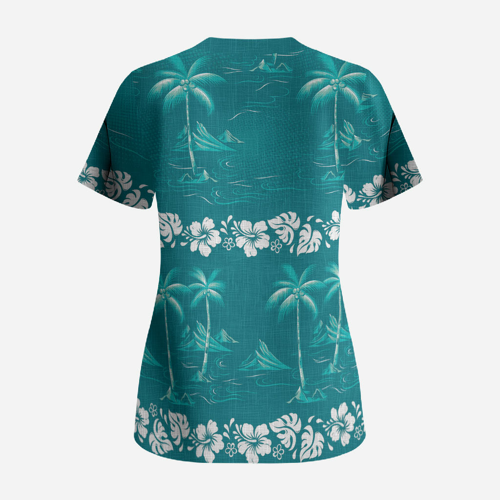 Cyan Hawaii Palm Tree Hibiscus Scrub Top Fantasy Summer Vibe LT01 - Polynesian Pride