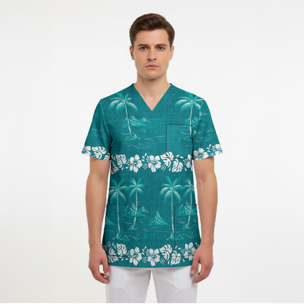 Cyan Hawaii Palm Tree Hibiscus Scrub Top Fantasy Summer Vibe LT01 - Polynesian Pride