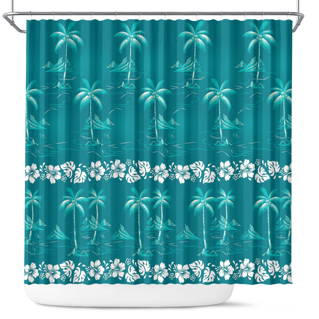Cyan Hawaii Palm Tree Hibiscus Shower Curtain Fantasy Summer Vibe LT01 Cyan - Polynesian Pride