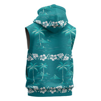 Cyan Hawaii Palm Tree Hibiscus Sleeveless Hoodie Fantasy Summer Vibe