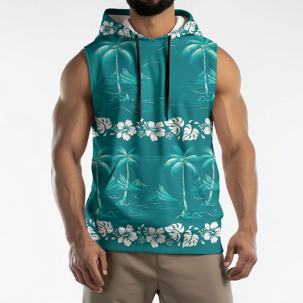 Cyan Hawaii Palm Tree Hibiscus Sleeveless Hoodie Fantasy Summer Vibe