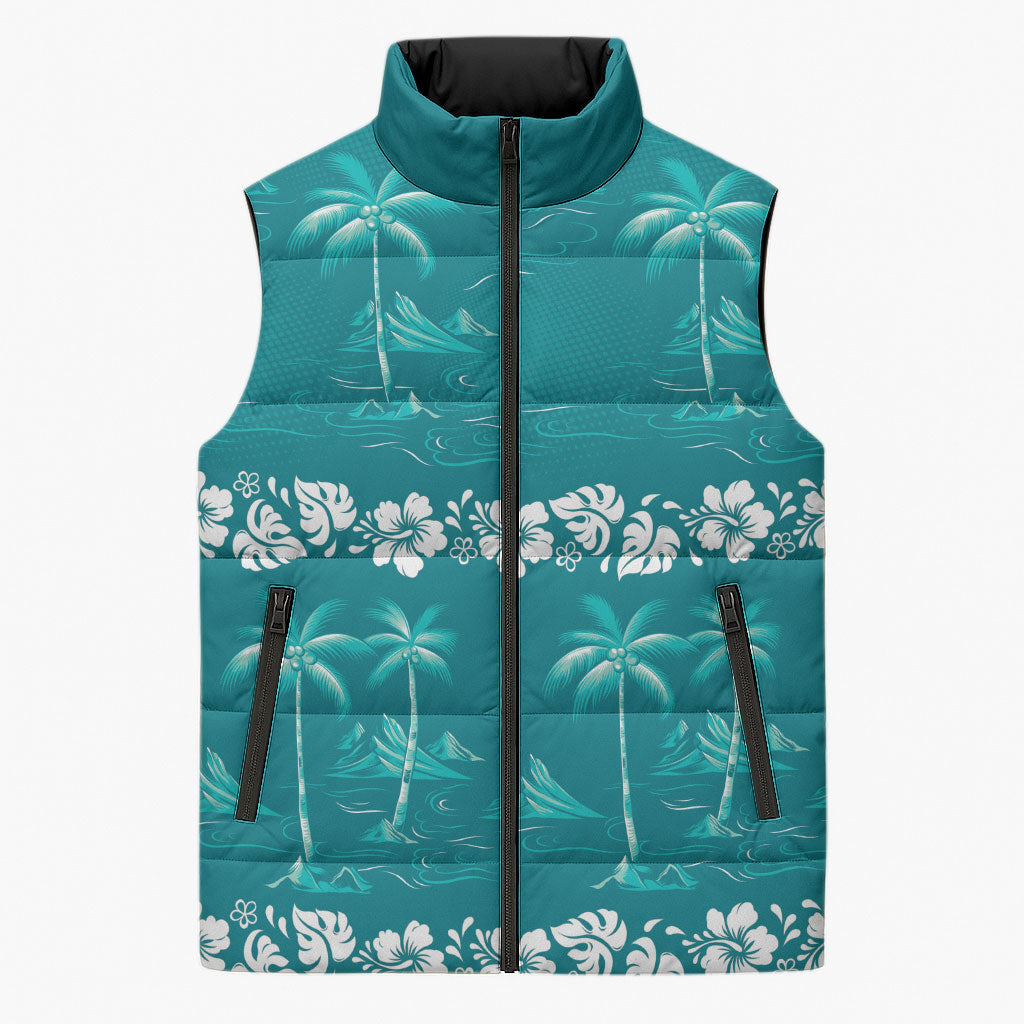 Cyan Hawaii Palm Tree Hibiscus Sleeveless Puffer Jacket Fantasy Summer Vibe LT01 Unisex Cyan - Polynesian Pride