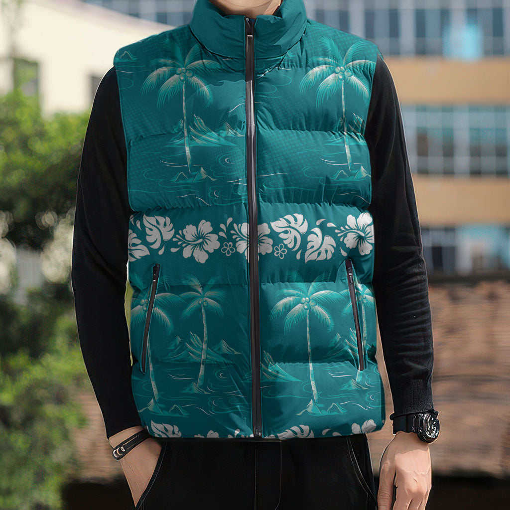 Cyan Hawaii Palm Tree Hibiscus Sleeveless Puffer Jacket Fantasy Summer Vibe LT01 - Polynesian Pride