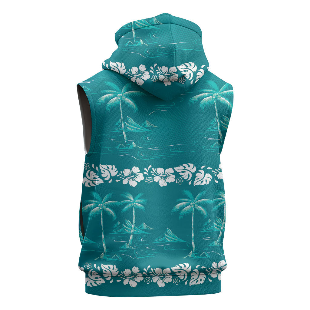 Cyan Hawaii Palm Tree Hibiscus Sleeveless Zip Hoodie Fantasy Summer Vibe