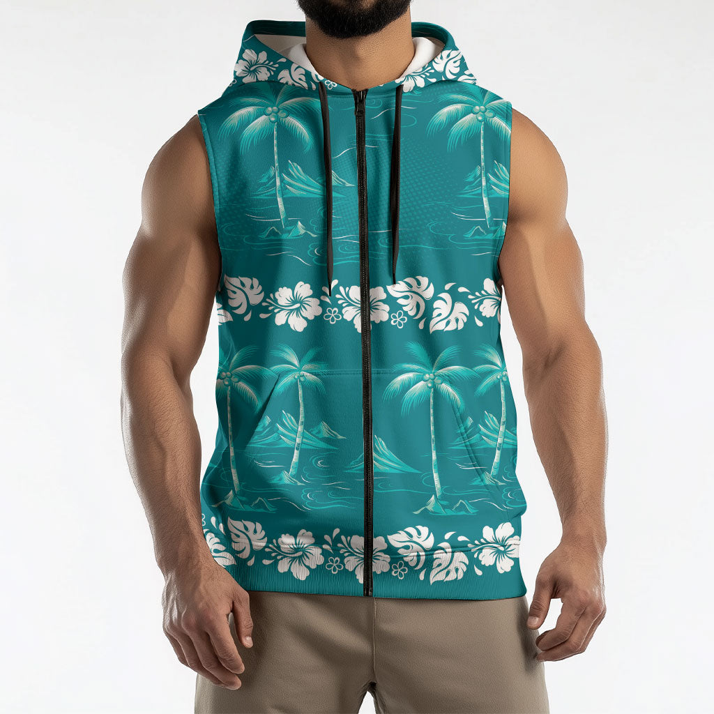 Cyan Hawaii Palm Tree Hibiscus Sleeveless Zip Hoodie Fantasy Summer Vibe
