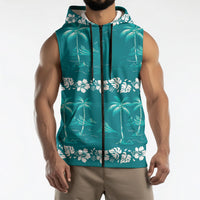 Cyan Hawaii Palm Tree Hibiscus Sleeveless Zip Hoodie Fantasy Summer Vibe