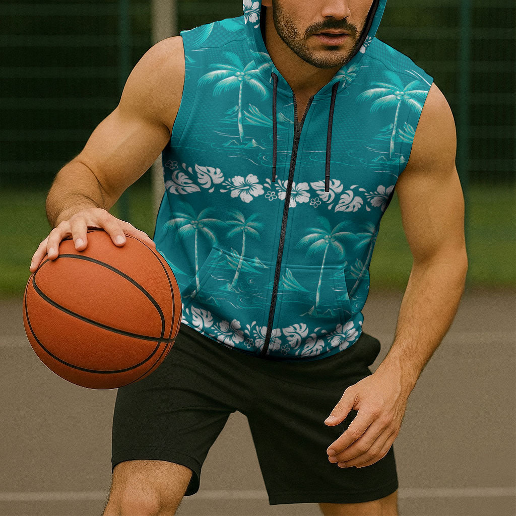 Cyan Hawaii Palm Tree Hibiscus Sleeveless Zip Hoodie Fantasy Summer Vibe