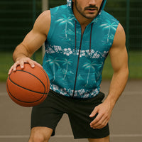 Cyan Hawaii Palm Tree Hibiscus Sleeveless Zip Hoodie Fantasy Summer Vibe