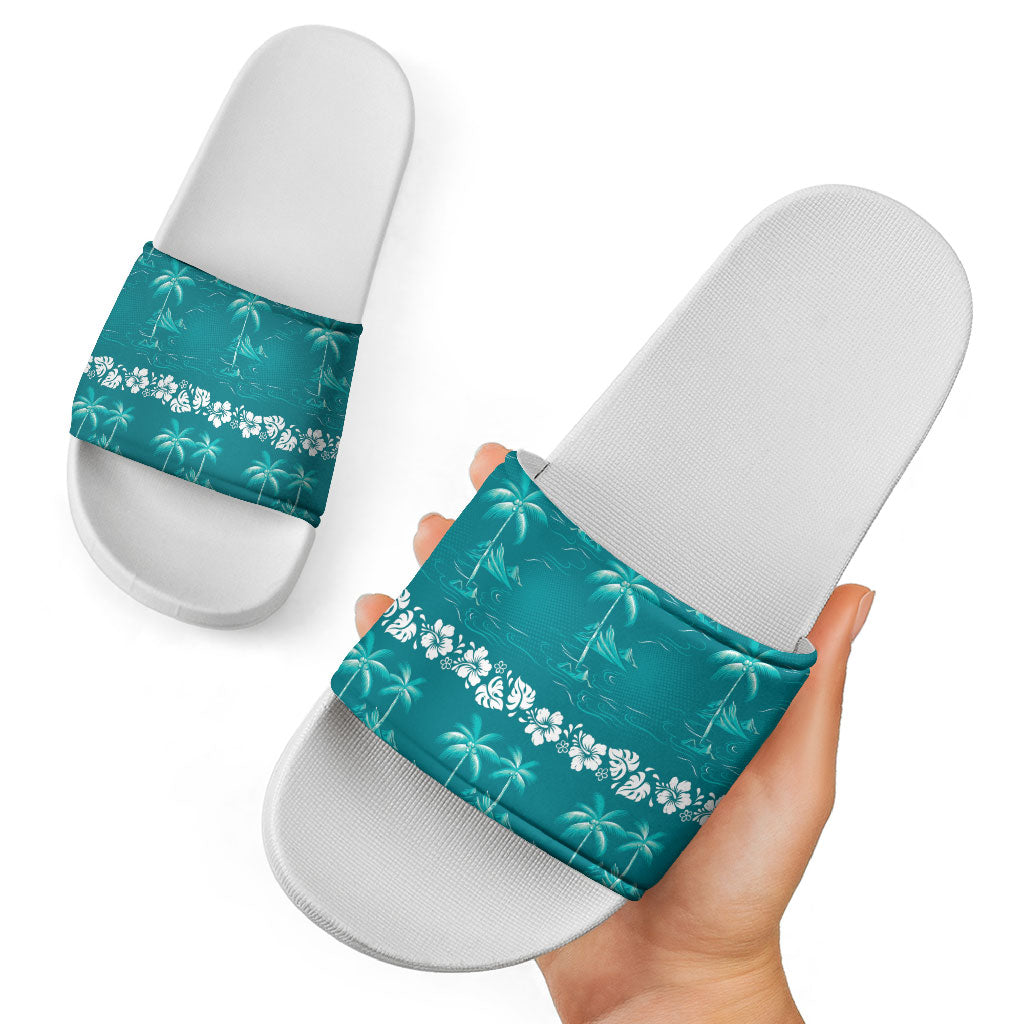 Cyan Hawaii Palm Tree Hibiscus Slide Sandals Fantasy Summer Vibe LT01 - Polynesian Pride