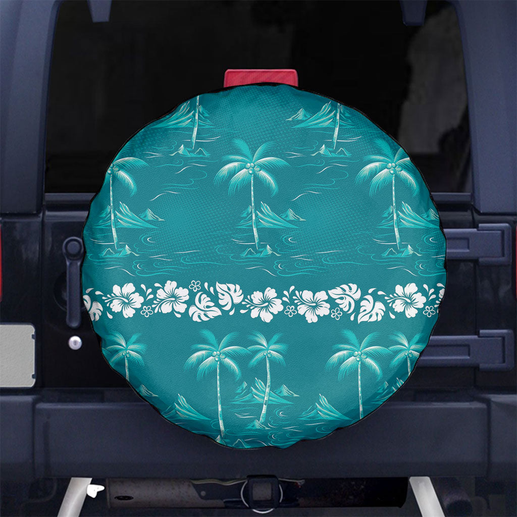 Cyan Hawaii Palm Tree Hibiscus Spare Tire Cover Fantasy Summer Vibe