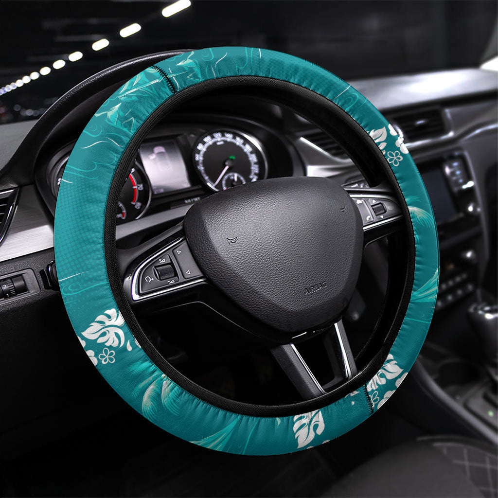 Cyan Hawaii Palm Tree Hibiscus Steering Wheel Cover Fantasy Summer Vibe