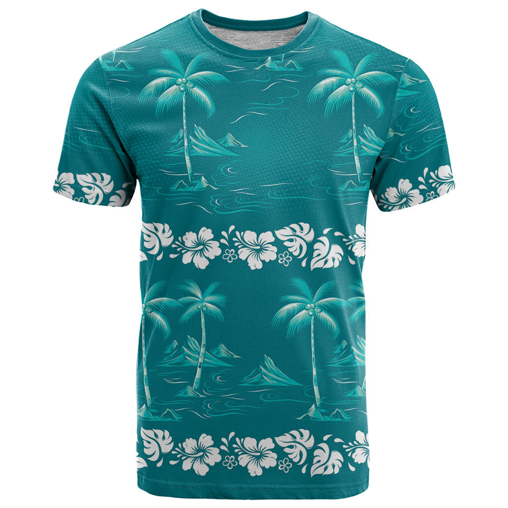 Cyan Hawaii Palm Tree Hibiscus T Shirt Fantasy Summer Vibe LT01 Cyan - Polynesian Pride