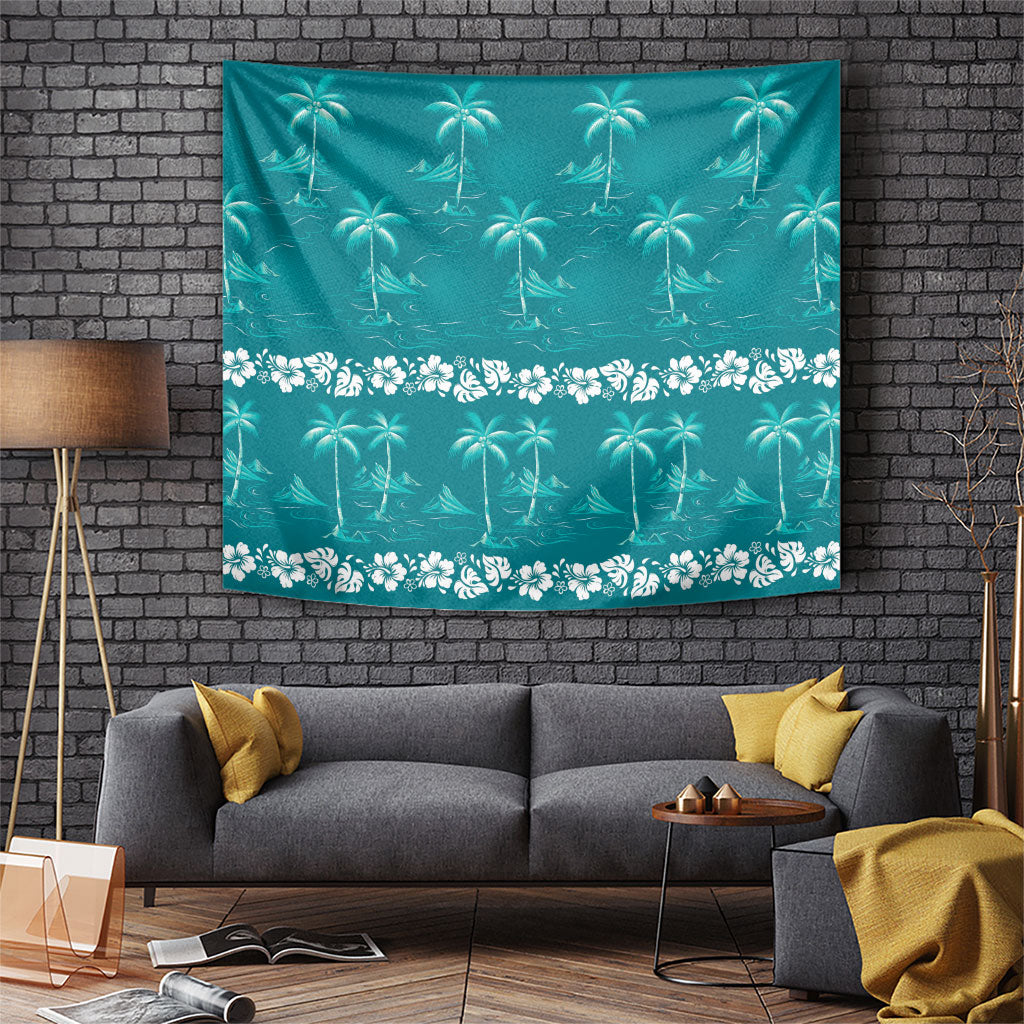 Cyan Hawaii Palm Tree Hibiscus Tapestry Fantasy Summer Vibe
