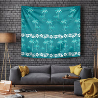 Cyan Hawaii Palm Tree Hibiscus Tapestry Fantasy Summer Vibe