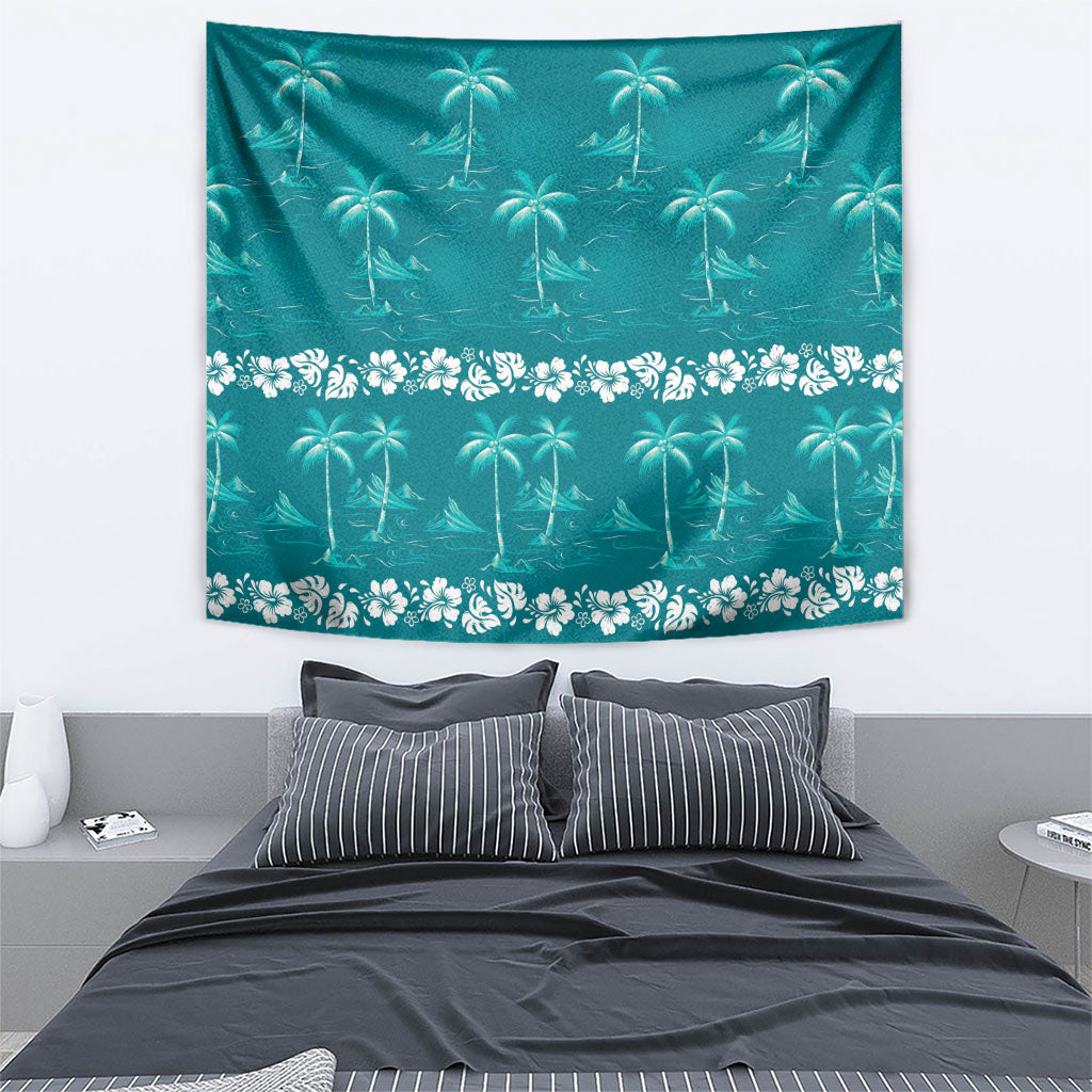 Cyan Hawaii Palm Tree Hibiscus Tapestry Fantasy Summer Vibe