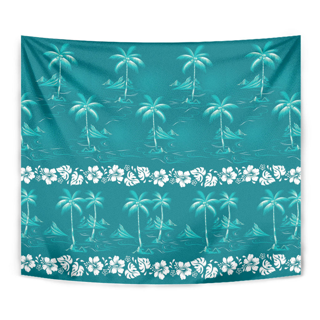 Cyan Hawaii Palm Tree Hibiscus Tapestry Fantasy Summer Vibe