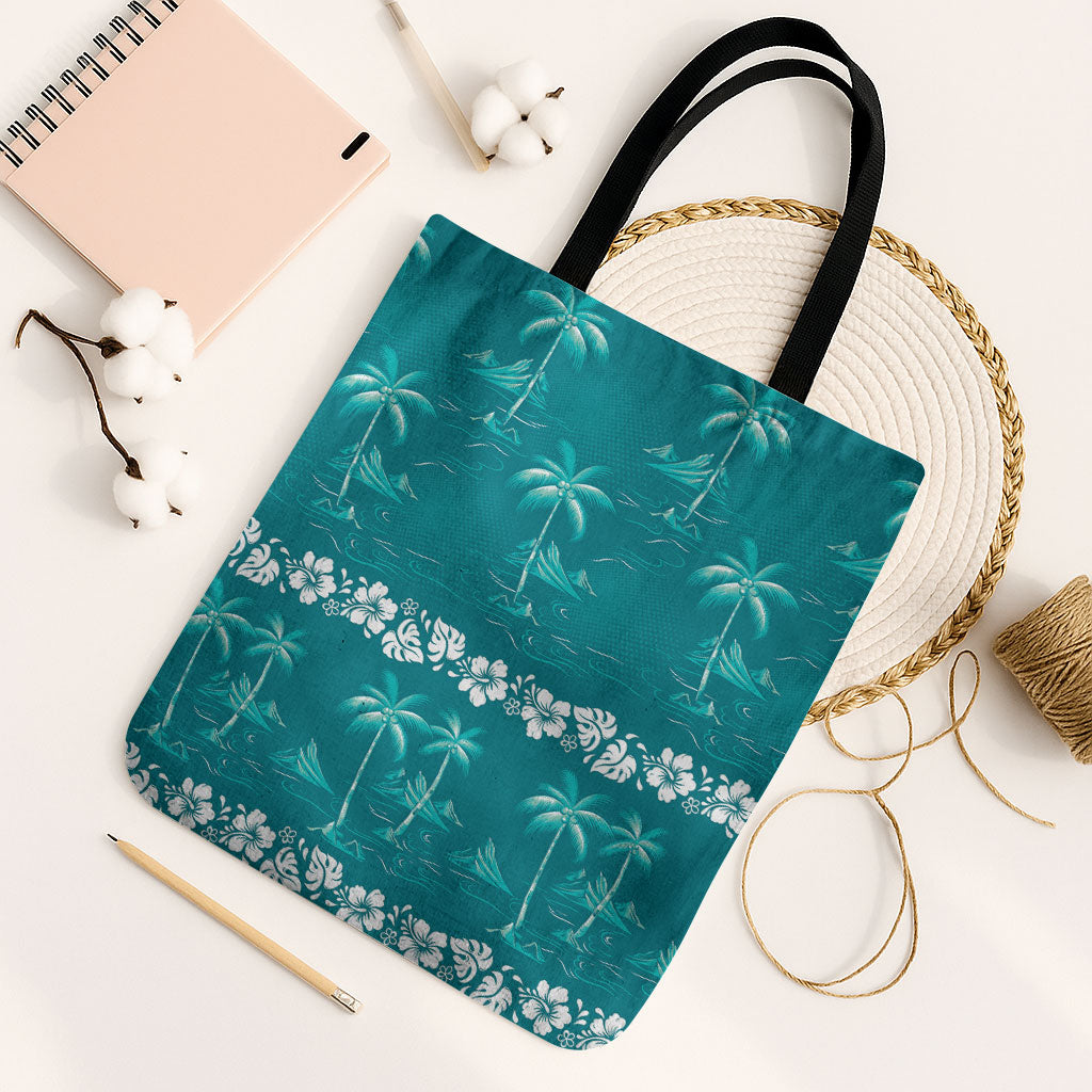 Cyan Hawaii Palm Tree Hibiscus Tote Bag Fantasy Summer Vibe LT01 Black Strap One Size Cyan - Polynesian Pride