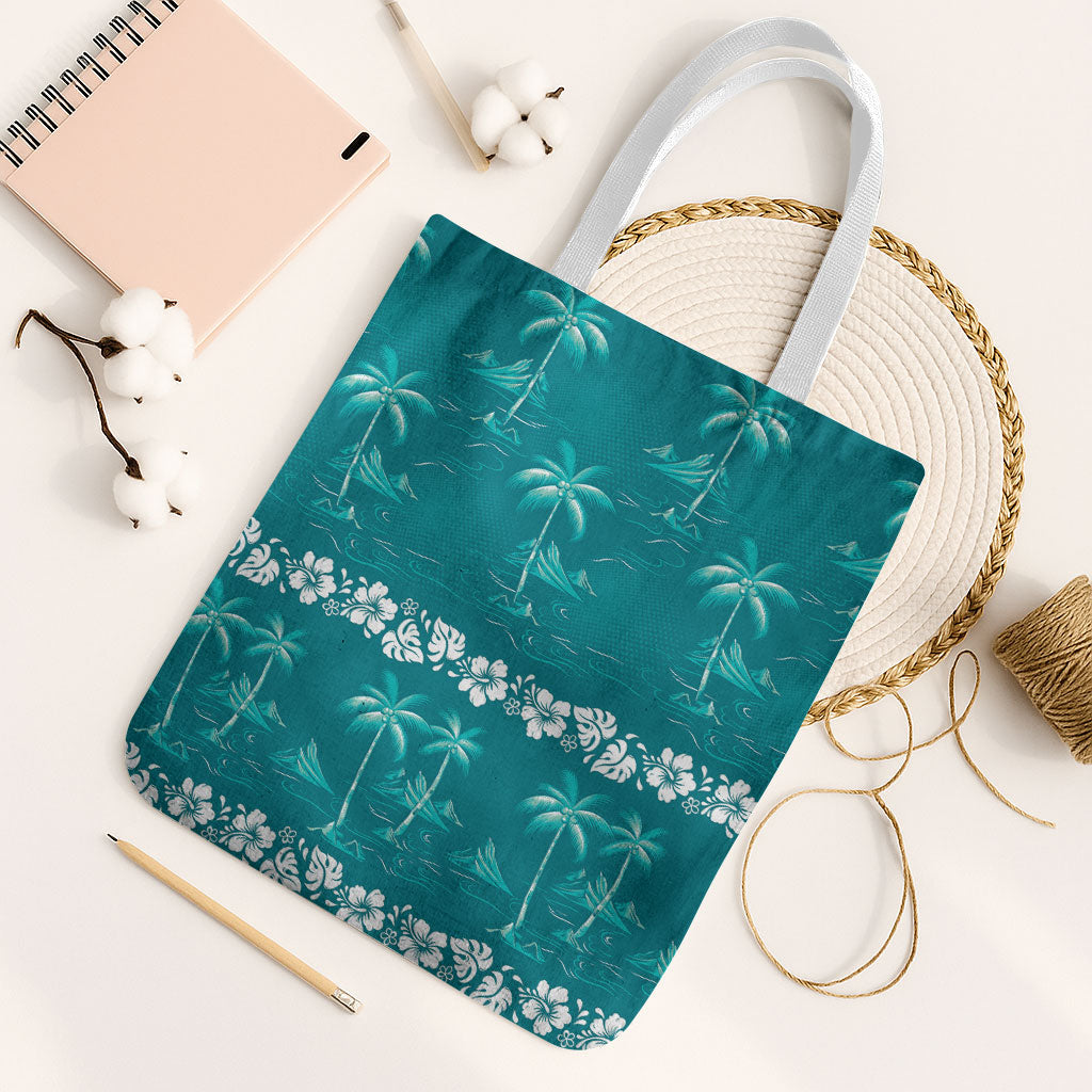 Cyan Hawaii Palm Tree Hibiscus Tote Bag Fantasy Summer Vibe LT01 White Strap One Size Cyan - Polynesian Pride