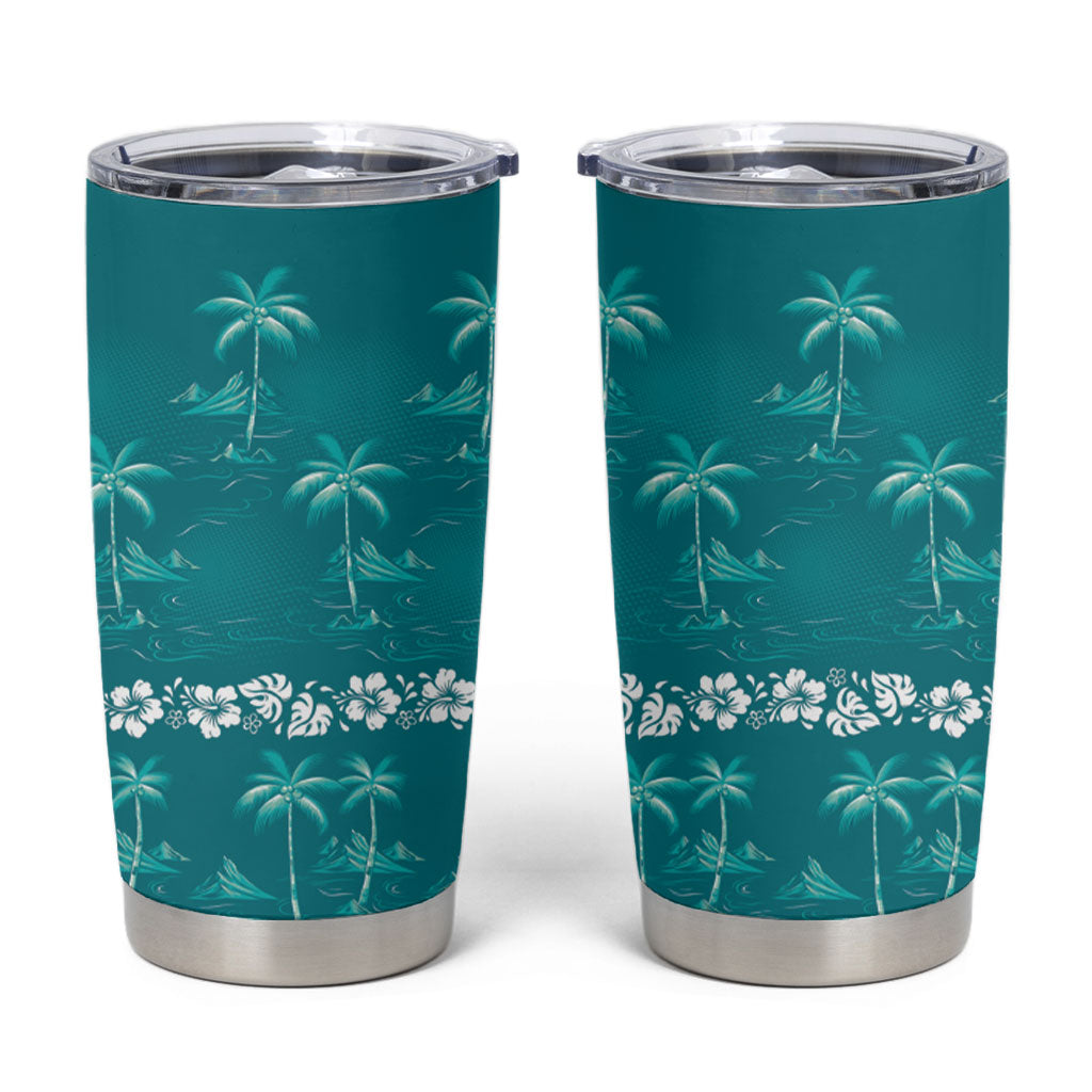 Cyan Hawaii Palm Tree Hibiscus Tumbler Cup Fantasy Summer Vibe