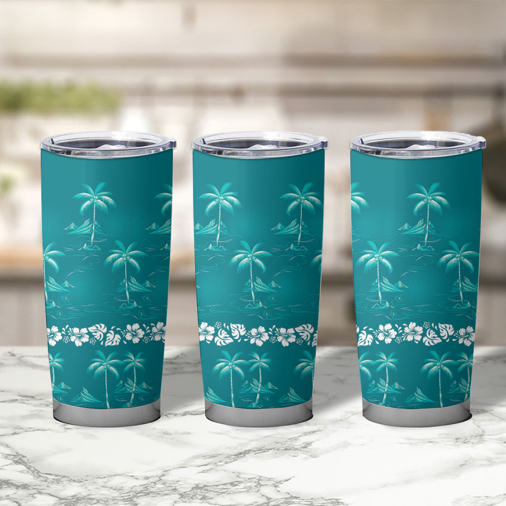 Cyan Hawaii Palm Tree Hibiscus Tumbler Cup Fantasy Summer Vibe