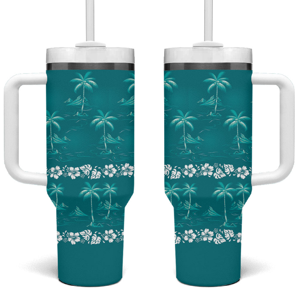 Cyan Hawaii Palm Tree Hibiscus Tumbler With Handle Fantasy Summer Vibe