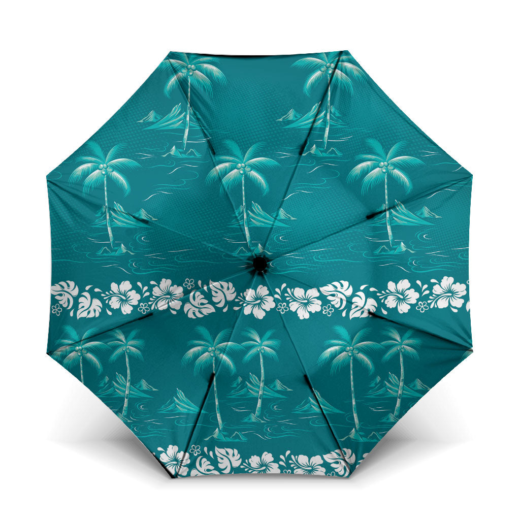 Cyan Hawaii Palm Tree Hibiscus Umbrella Fantasy Summer Vibe