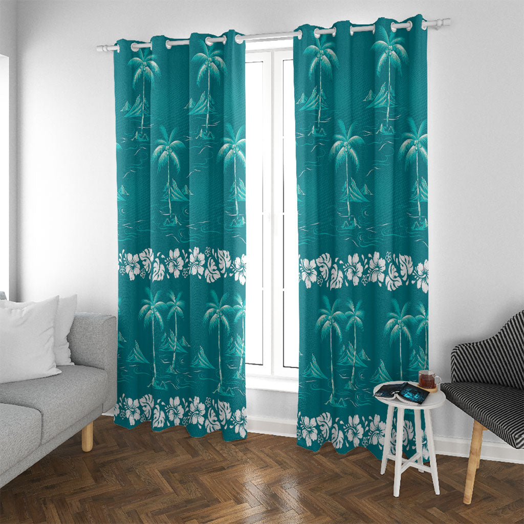 Cyan Hawaii Palm Tree Hibiscus Window Curtain Fantasy Summer Vibe