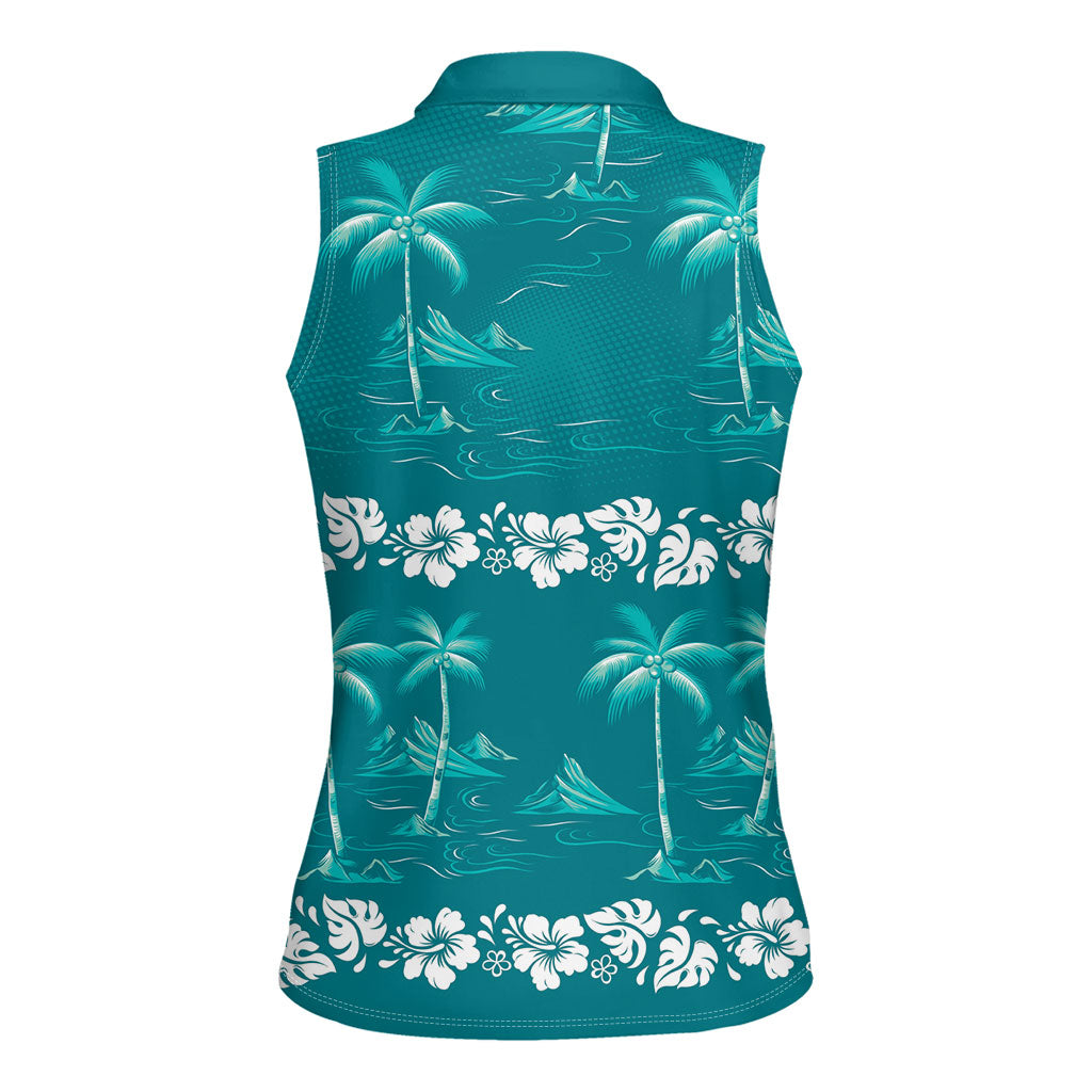 Cyan Hawaii Palm Tree Hibiscus Women Sleeveless Polo Shirt Fantasy Summer Vibe LT01 - Polynesian Pride