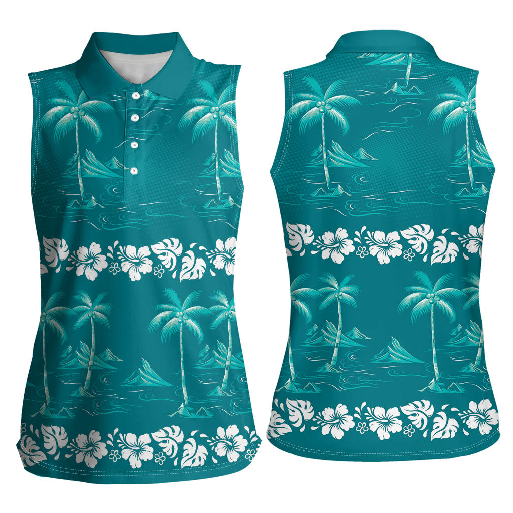 Cyan Hawaii Palm Tree Hibiscus Women Sleeveless Polo Shirt Fantasy Summer Vibe LT01 - Polynesian Pride