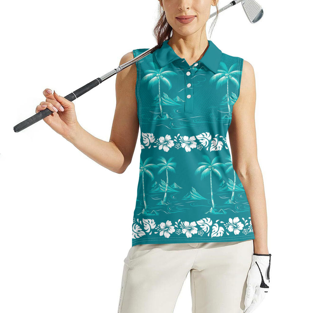 Cyan Hawaii Palm Tree Hibiscus Women Sleeveless Polo Shirt Fantasy Summer Vibe LT01 - Polynesian Pride
