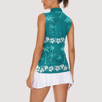 Cyan Hawaii Palm Tree Hibiscus Women Sleeveless Polo Shirt Fantasy Summer Vibe LT01 - Polynesian Pride