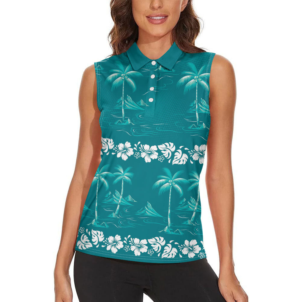 Cyan Hawaii Palm Tree Hibiscus Women Sleeveless Polo Shirt Fantasy Summer Vibe LT01 - Polynesian Pride