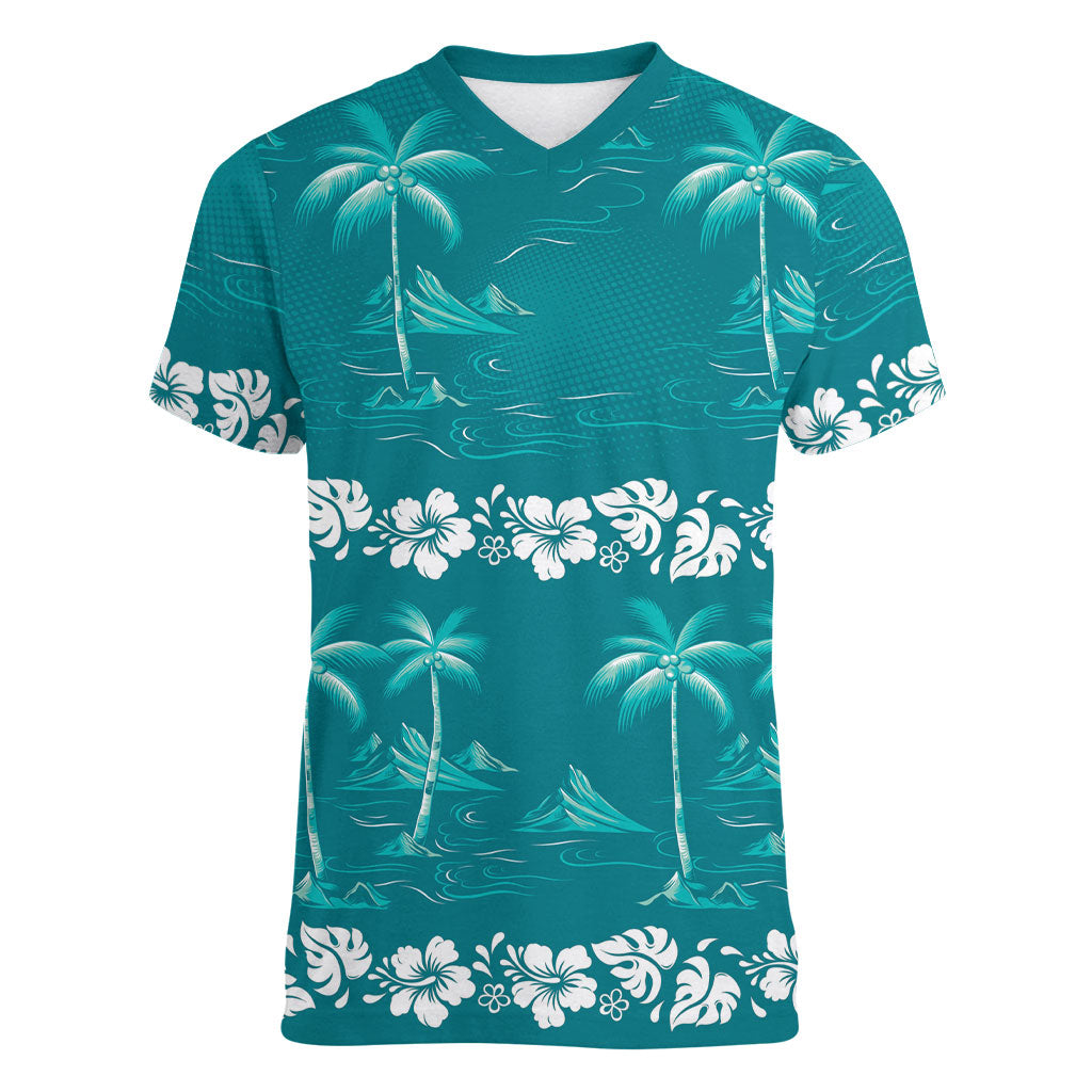 Cyan Hawaii Palm Tree Hibiscus Women V-Neck T-Shirt Fantasy Summer Vibe LT01 Female Cyan - Polynesian Pride