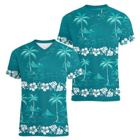 Cyan Hawaii Palm Tree Hibiscus Women V-Neck T-Shirt Fantasy Summer Vibe LT01 - Polynesian Pride