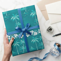Cyan Hawaii Palm Tree Hibiscus Wrapping Paper Fantasy Summer Vibe