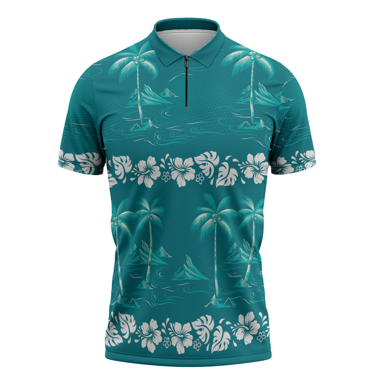 Cyan Hawaii Palm Tree Hibiscus Zipper Polo Shirt Fantasy Summer Vibe