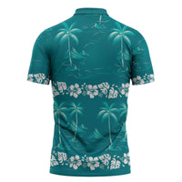 Cyan Hawaii Palm Tree Hibiscus Zipper Polo Shirt Fantasy Summer Vibe