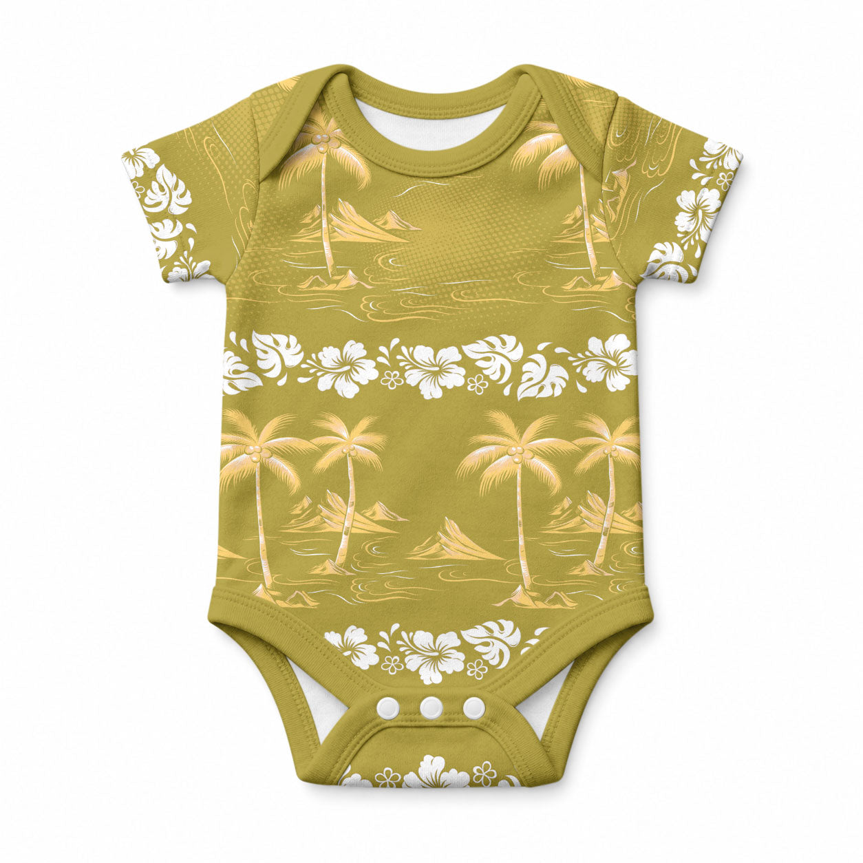 Yellow Hawaii Palm Tree Hibiscus Baby Onesie Fantasy Summer Vibe LT01 Yellow - Polynesian Pride