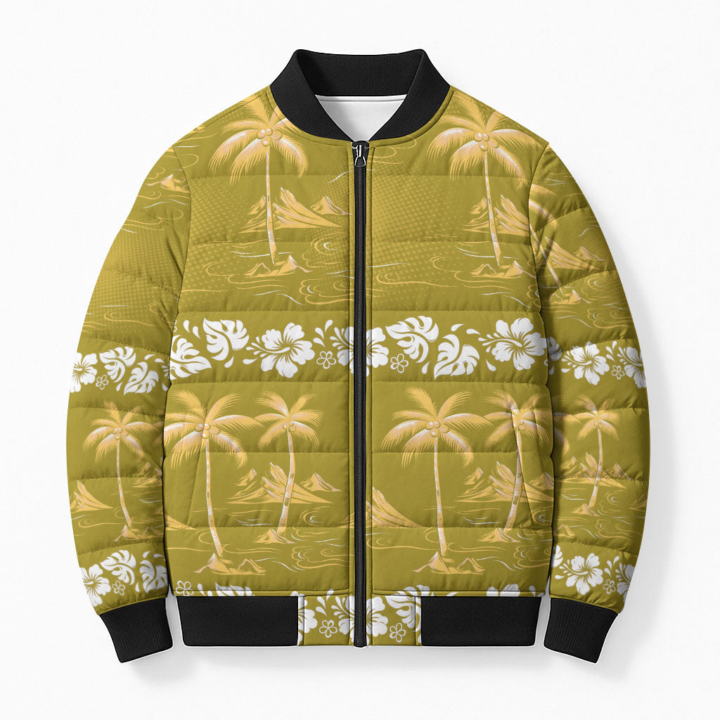 Yellow Hawaii Palm Tree Hibiscus Bomber Puffer Jacket Fantasy Summer Vibe