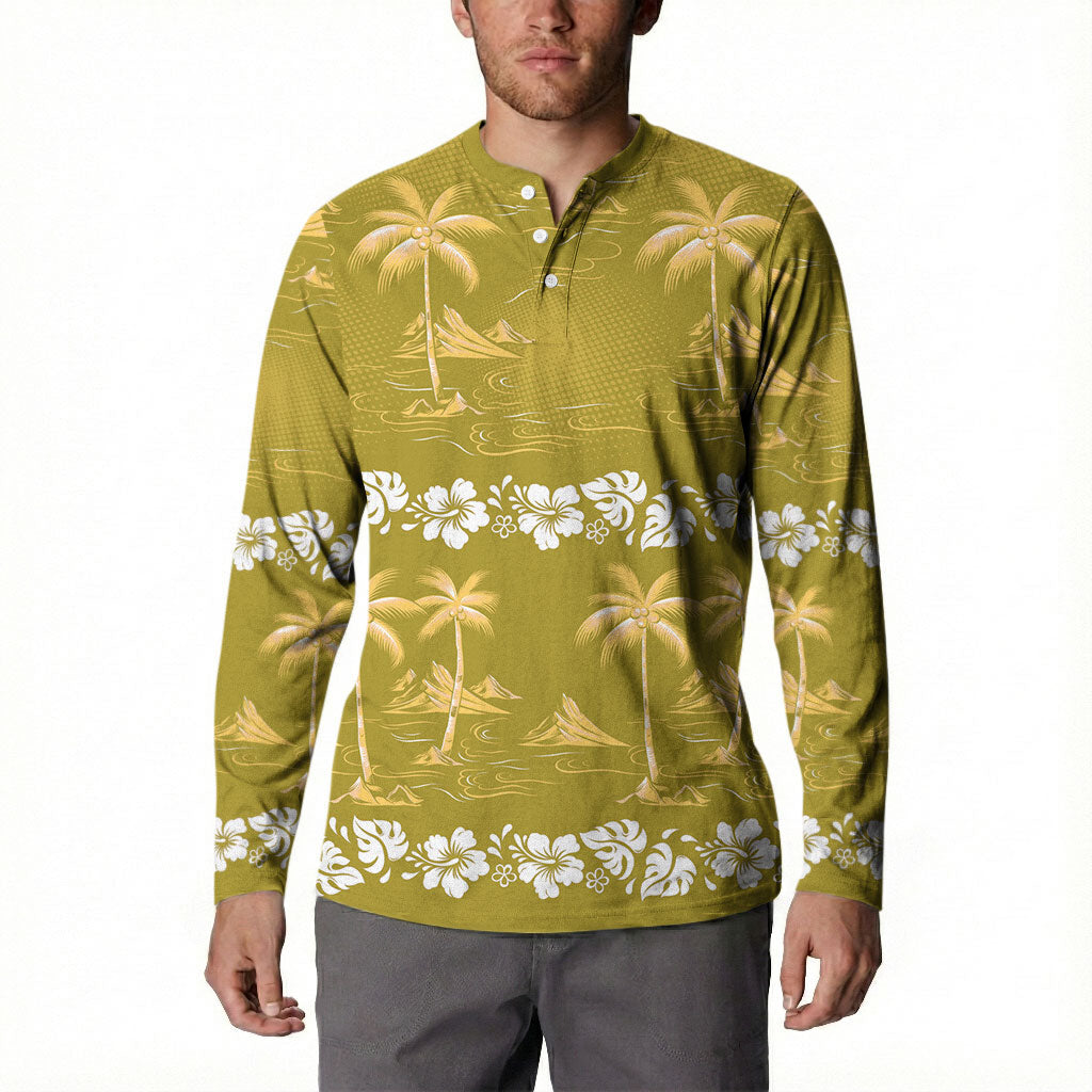 Yellow Hawaii Palm Tree Hibiscus Button Sweatshirt Fantasy Summer Vibe