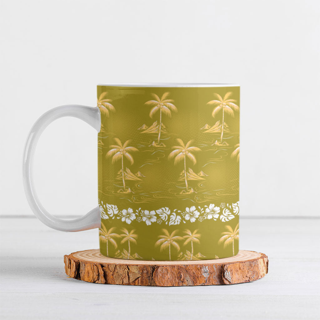 Yellow Hawaii Palm Tree Hibiscus Ceramic Mug Fantasy Summer Vibe