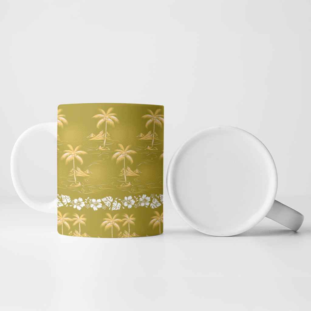 Yellow Hawaii Palm Tree Hibiscus Ceramic Mug Fantasy Summer Vibe
